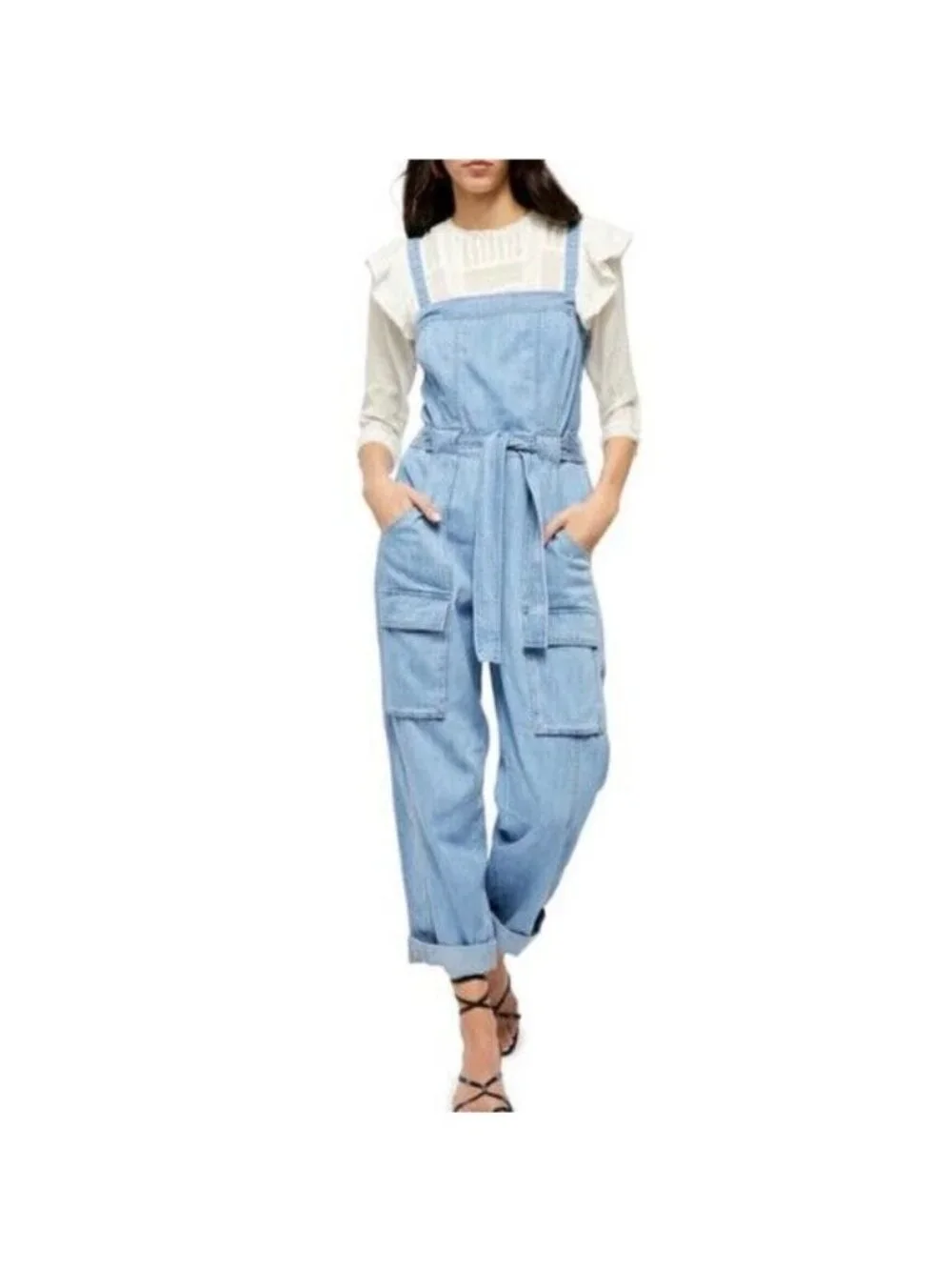 Free People Womens Small Go West Denim Utility Jumpsuit Mirage Blue OB1160882